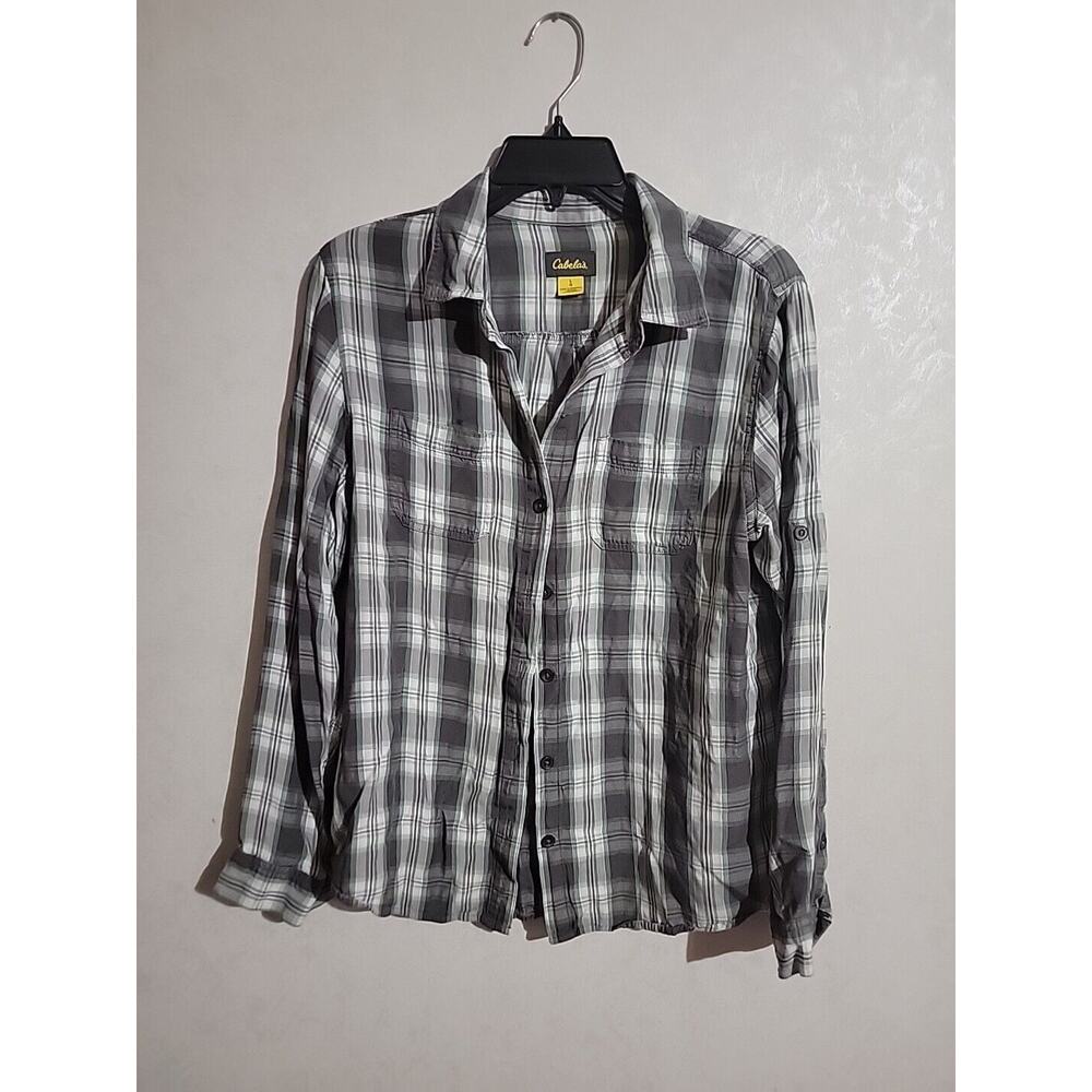 Cabela's Womens Western Lightweight Flannel Pockets Green Grey Button Down sz L